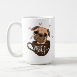 Cartoon Mops Hund sitzt in einer Tasse Kaffee