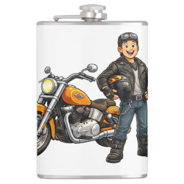 Cartoon-Motorradfahrer mit Kunst eines kraftvollen Flachmann