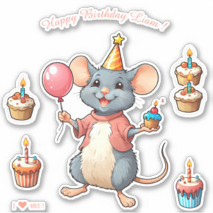 Cartoon Mouse - Happy Birthday Personalisiert Aufkleber