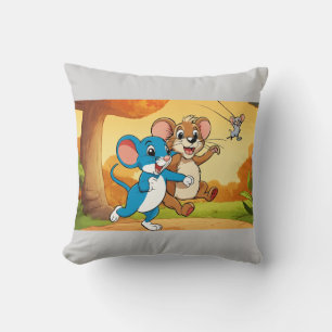 Cartoon Mouse Jumping on Lion - Funny Jungle Encou Kissen