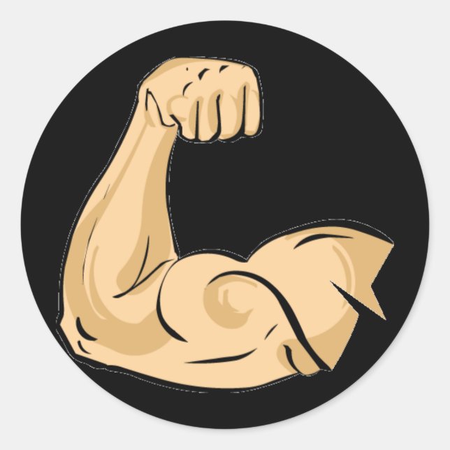 CARTOON MUSCLES MAN kräftiger Arm Bizeps athletisc Runder Aufkleber (Vorderseite)