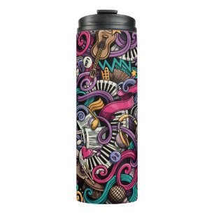 Cartoon Musical: Farbenfrohe Doodle Nahtlos. Thermosbecher