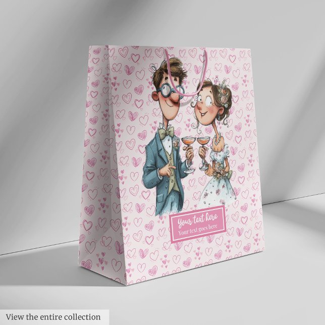 Cartoon Newlywes Mariage Cadeau Sac Aquarelle (Cartoon Newlyweds Wedding Gift Bag Watercolor Fun)