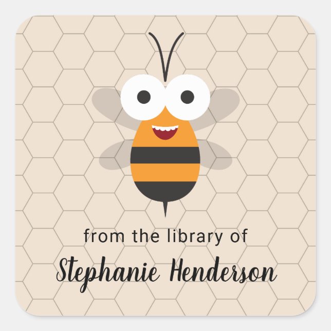 Cartoon Niedlich Funny Honey Bee Honeycomb Buchzei Quadratischer Aufkleber (Vorderseite)
