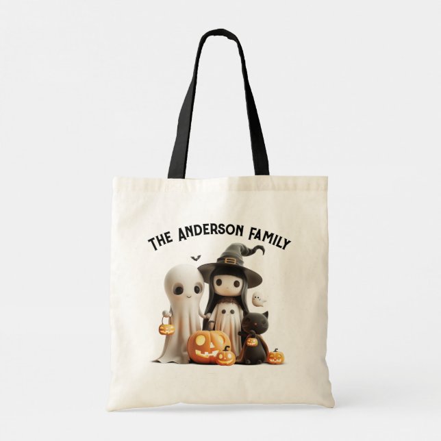 Cartoon Niedlich Hexenmeister Ghost Pumpkins Famil Tragetasche (Rückseite)