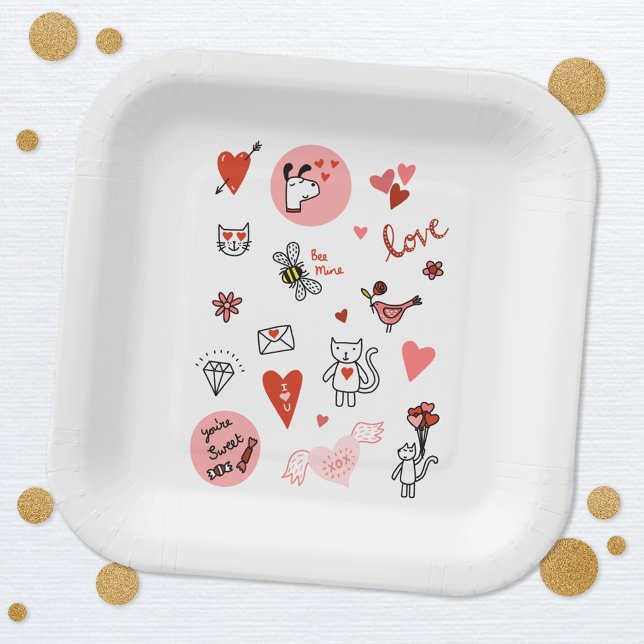 Cartoon niedlich Liebe Pappteller (Cute love themed paper party plates for Valentines Day, engagement, wedding and celebrations)