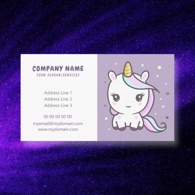 Cartoon Niedlich Unicorn Lila Visitenkarte (Cute Unicorn Business Card)
