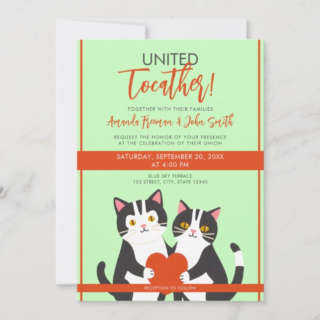 Cartoon Niedliche Katzen und Herz-Hochzeit Einladung (Vorderseite)