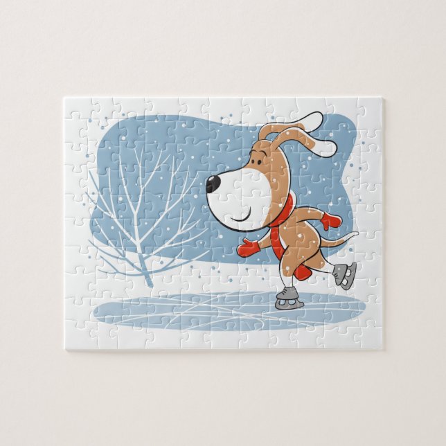 Cartoon Niedlicher Hund Welpe Ice Skaten Wintersch (Horizontal)