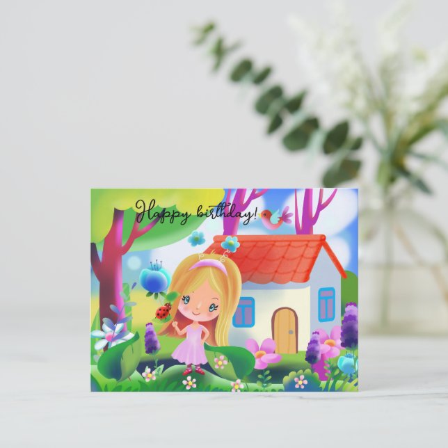 Cartoon niedliches Mädchen und Feenhaus Postkarte (Stehend Vorderseite)