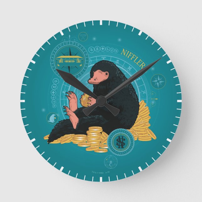 Cartoon NIFFLER™ mit Goldmünzen Runde Wanduhr (Vorderseite)