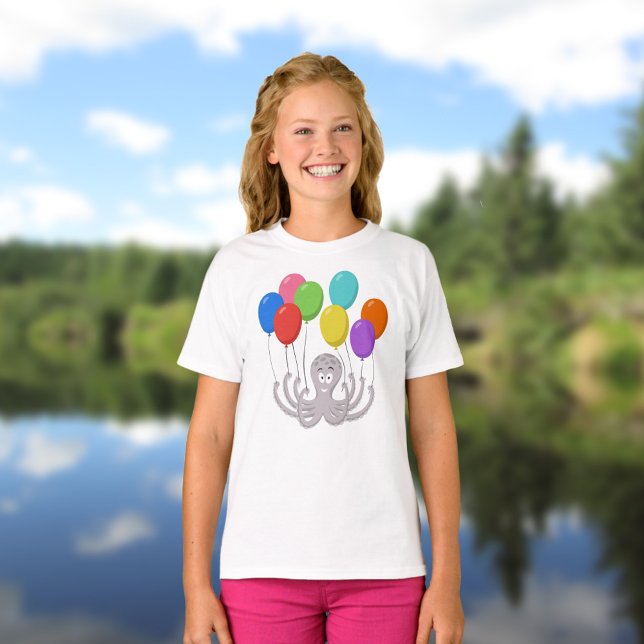 Cartoon Octopus Bunte Balloons Girl T-Shirt (Von Creator hochgeladen)