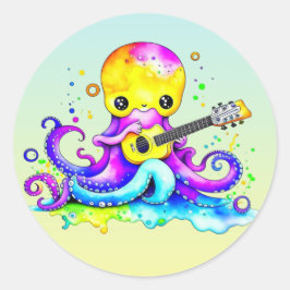 Cartoon Octopus Gitarre spielen Runder Aufkleber