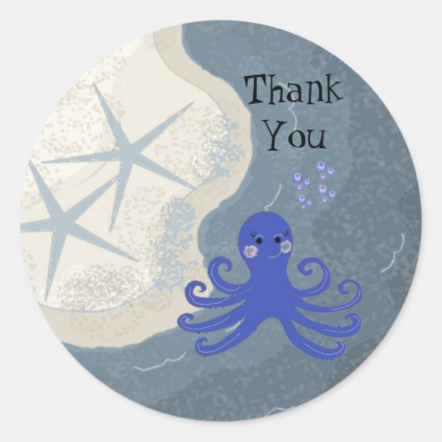 Cartoon Octopus Vielen Dank Runder Aufkleber (Vorderseite)