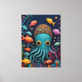 Cartoon-Oktopus mit vielen Fischen Leinwanddruck