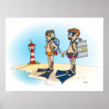Cartoon; op duikvakantie gaan. 