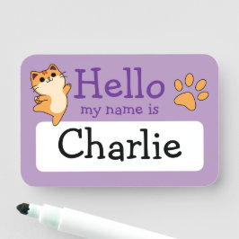 Cartoon Orange Cat, Paw Print, Custom, Lila Namensschild
