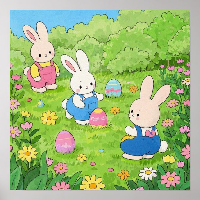 Cartoon Osterbrunnen verstecken Eier in einem Gart Poster (Vorne)
