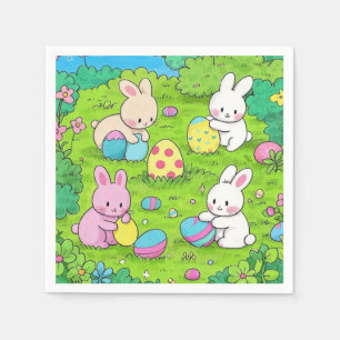 Cartoon Osterbrunnes und bunte Eier Serviette