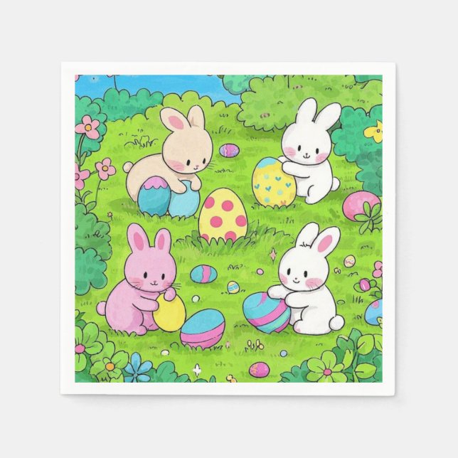 Cartoon Osterbrunnes und bunte Eier Serviette (Vorderseite)