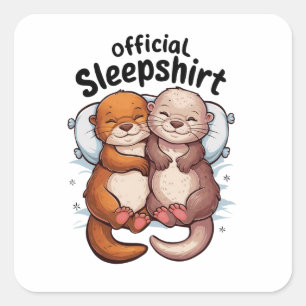 Cartoon-Otter, die auf einem weichen, weißen Kisse Quadratischer Aufkleber