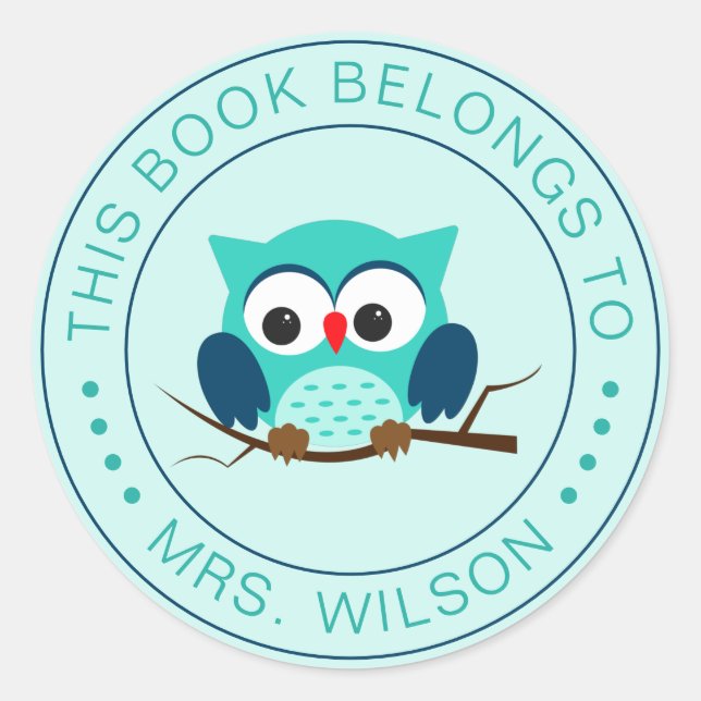 Cartoon Owl Dieses Buch gehört Personalisiert Runder Aufkleber (Vorderseite)