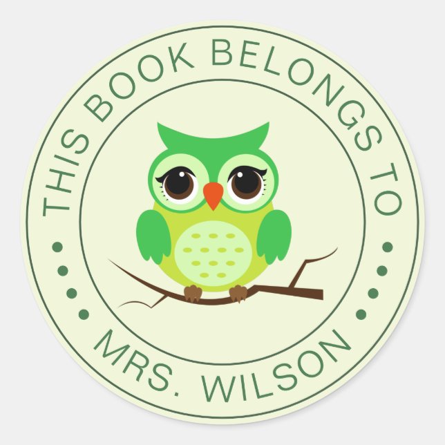 Cartoon Owl Dieses Buch gehört Personalisiert Runder Aufkleber (Vorderseite)