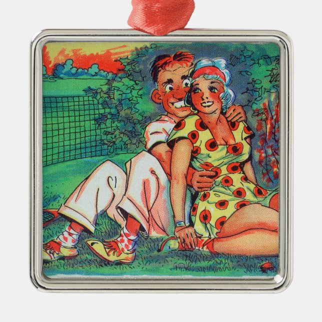 Cartoon-Paare mit Tennis-Gang Silbernes Ornament (Vorne)