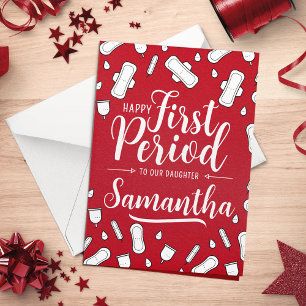 Cartoon Pads Red Script Teen Girl Erster Zeitraum Karte