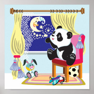 Cartoon Panda und Mond Poster
