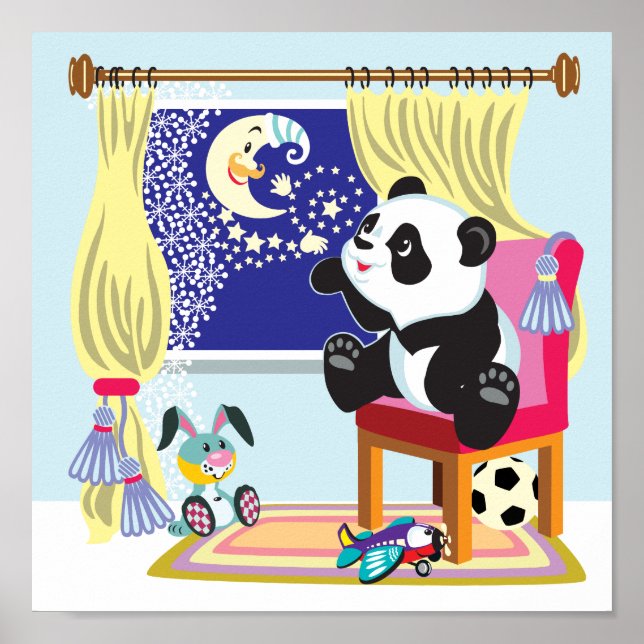 Cartoon Panda und Mond Poster (Vorne)