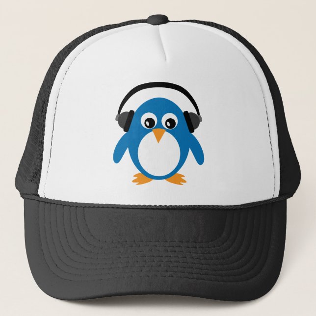 Cartoon Penguin mit Kopfhörerhut Truckerkappe (Vorderseite)