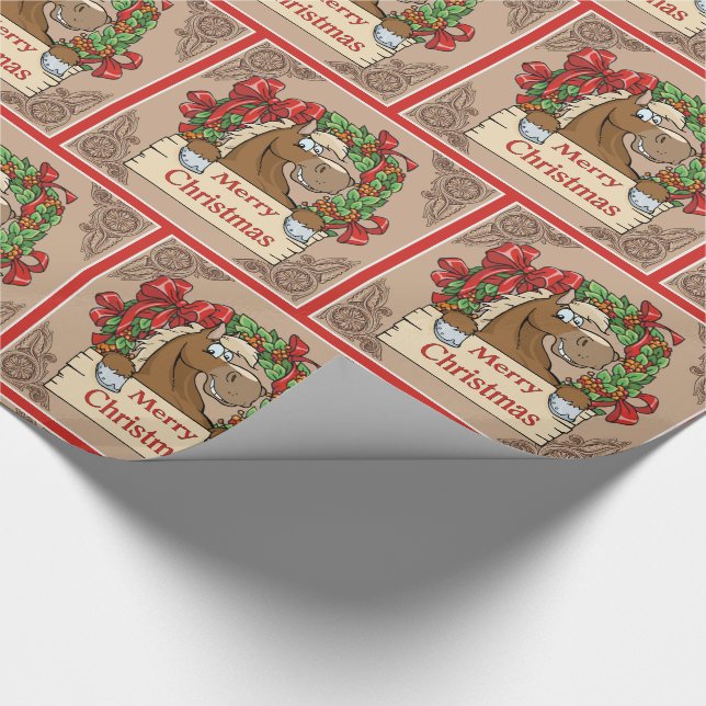 Cartoon-Pferd mit Wreath-frohe Weihnacht-Zeichen Geschenkpapier (Ecke)