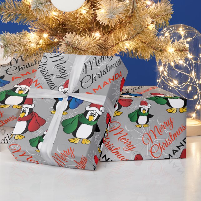 Cartoon Pinguin Stack - Personalisieren Geschenkpapier (Feiertage)