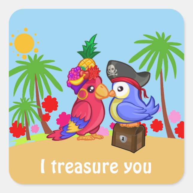 Cartoon Pirate Parrots Liebe Quadratischer Aufkleber (Vorderseite)