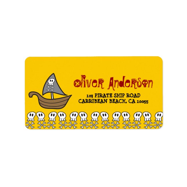 Cartoon Pirate Ship, Skulls & Bones Adressmarken Adressaufkleber (Vorne)