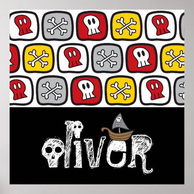 Cartoon Pirate Ship Skulls Knochen Spaß farbenfroh Poster (Vorne)