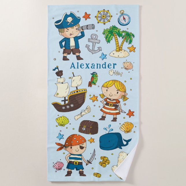 Cartoon Pirates Island Schiff Kinder Badetuch (Vorderseite)