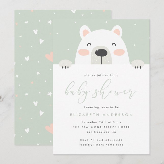 Cartoon Polar Bear Cartoon Winter Baby Dusche Einladung (Vorne/Hinten)