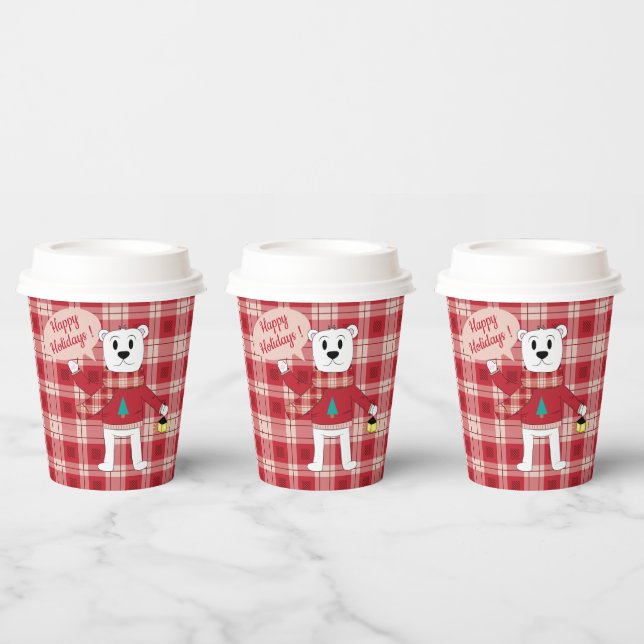 Cartoon Polar Bear mit Laterne | Rot Kariert  Pappbecher (Multi)