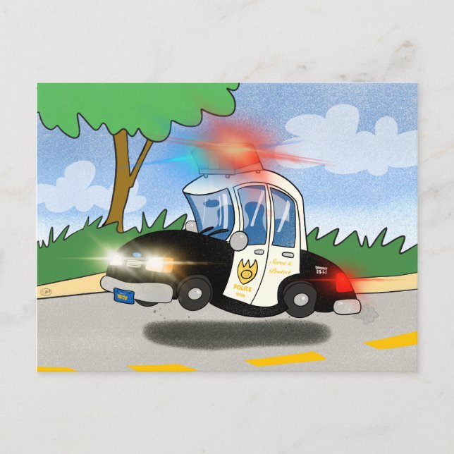 Cartoon Polizeiwagen mit blinkenden Leuchten Postkarte (Vorderseite)