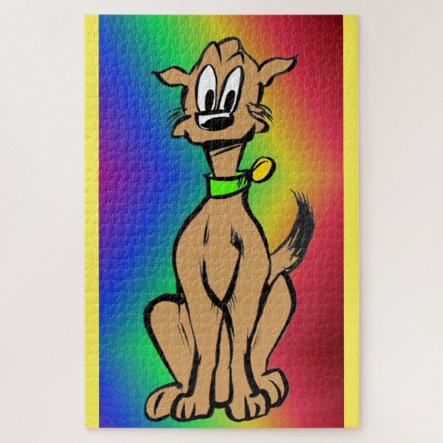 Cartoon Puzzle: Niedlich sitzender Hund, Regenboge (Vertikal)