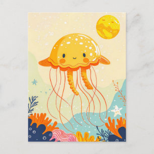 Cartoon Qualle Floating by Coral Reef Postkarte