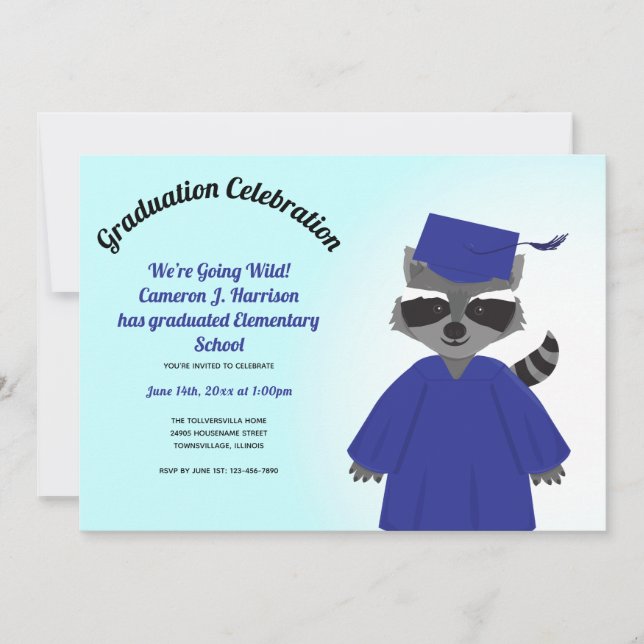 Cartoon Raccoon Blue Cap Garni Abschluss Einladung (Vorderseite)