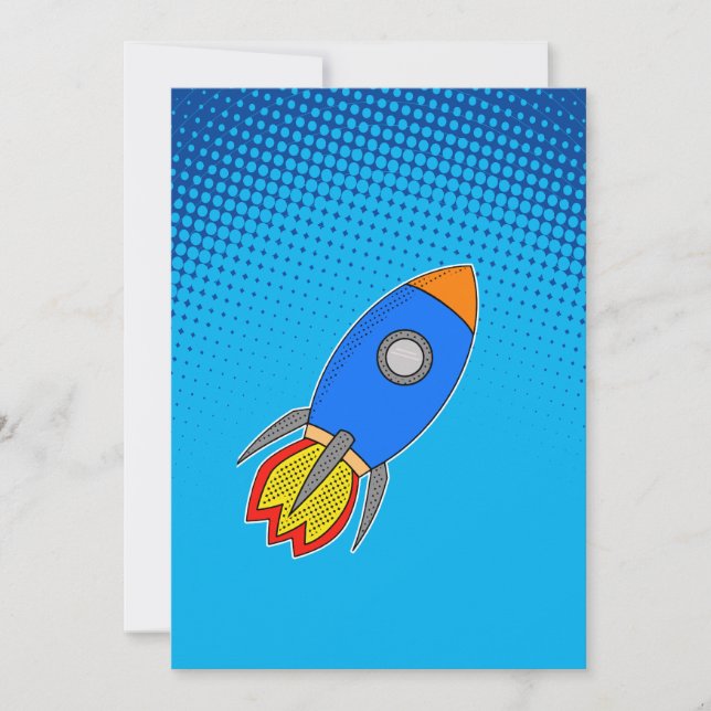 Cartoon-Rakete in blauem Himmel Einladung (Vorderseite)