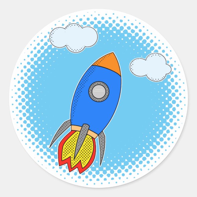 Cartoon-Rakete in Blue Sky-Halftones Runder Aufkleber (Vorderseite)
