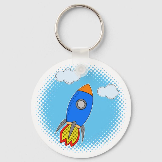 Cartoon-Rakete in Blue Sky-Halftones Schlüsselanhänger (Vorderseite)