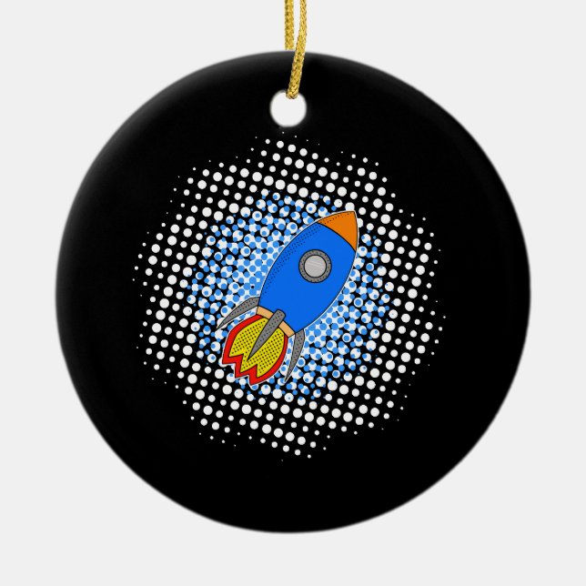 Cartoon-Rakete mit Halftones-Galaxie Keramik Ornament (Vorne)