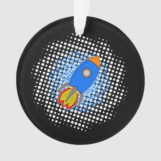 Cartoon-Rakete mit Halftones-Galaxie Ornament (Vorderseite)