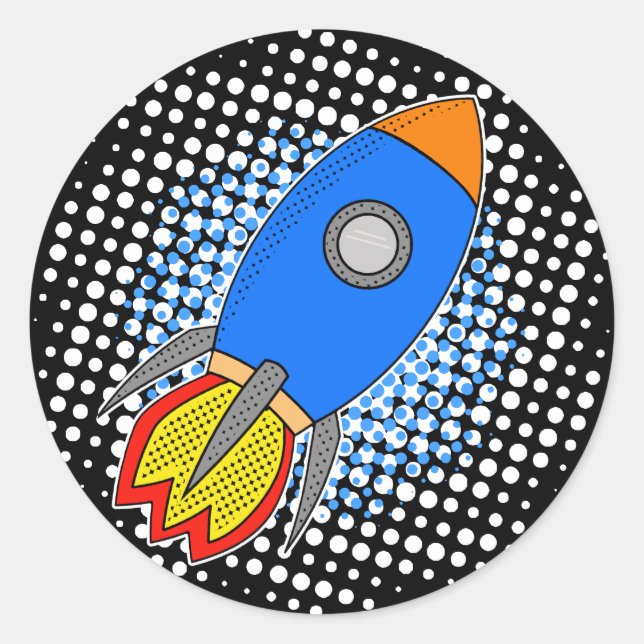 Cartoon-Rakete mit Halftones-Galaxie Runder Aufkleber (Vorderseite)